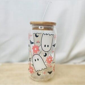 NEW! Scattered Ghost and flowers glass can tumbler with bamboo lid glass